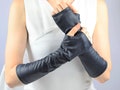 Dark blue faux leather fingerless gloves, elbow arm warmers, women's, men's gloves, Khaki brown, ARW-30