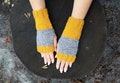 Mustard Fingerless Mittens - Mustard Arm Warmers Women - Gray Fingerless Gloves - Wool Fingerless Mitts
