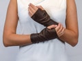 Brown leather fingerless gloves, faux leather gloves, tattoo cover, medieval gloves, WRW-16