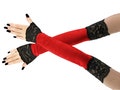 Red velvet womens gloves extra long sleeves with black lace over elbow fingerless womens gothic goth arm warmers evening costume all sizes