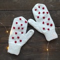 White hand knit mittens with embroidery hearts Christmas gift Valentines day gift for wife girlfriend Friend Sister Aunt God mother