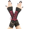 Gothic Fingerless Corset Gloves: Red Wine & Black Lace Elbow Sleeves