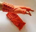 Orange knitted fingerless mittens hand warmers, phone typing gloves, wool gloves - ukrainian handmade