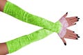 Women gloves, neon green velvet gloves, extra long sleeves fingerless womens arm warmers, evening opera cosplay costume all sizes