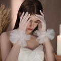 Ivory Ruffle Sheer Bridal Gloves – Romantic Transparent Wedding Gloves for Bride, Photoshoot, Church Ceremony, or Vintage Tea Party Look