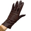 Vintage brown perforated leather wrist length short gloves 7