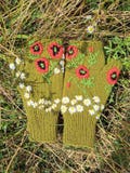 Hand-Knit Fingerless Mittens with Poppies & Daisies – Olive Green Floral Gloves