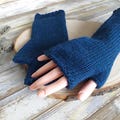 Alpaca & Wool Knitted Dark Blue Fingerless Gloves, Women’s Soft and Warm Texting Mittens, Ladies AutumnWinter Accessories, Gift for Her