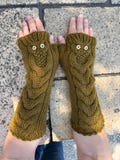Hand Knit Owl Fingerless Gloves – 100% Wool Arm Warmers – Woodland Style Mittens – Cozy Fall Gift – Olive Green Cable Knit