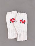 Hand Knit Fingerless Mittens with Floral Embroidery Cream Wool Gloves Warm Winter Arm Warmers Cottagecore Gift for Her