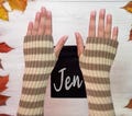 Thick Stripey Caramel Cream Arm Warmers - Personalised Bag Striped Fingerless Hand Gloves Fancy Dress Girls Custom Name Halloween Gift