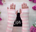 Thick Stripey Pale Pink & White Arm Warmers - Personalised Bag Striped Fingerless Hand Gloves Fancy Dress Girls Custom Name Halloween Gift