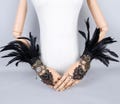 1 Pair Gothic Black Feather Gloves – Feather Wrist Cuffs, Halloween Wrist Accessories, Witch Gloves, Costume Feather Wristbands