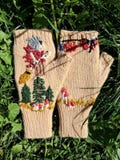 Hand-Knitted Beige Fingerless Mittens with Autumn Forest Embroidery – Cozy Wool-Blend Gloves with Bird, Mushrooms