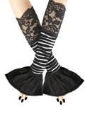 Elegant striped fingerless gloves glamour evening ruffled white black lace long arm warmers sleeves handmade XS - 3XL
