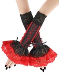 Goth gloves black with red frill elbow length romantic lace ruffles glove with black satin ribbon lacing in gothic costume cosplay all sizes