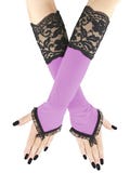 Womens purple gloves evening fingerless long warmers costume glamour elbow length elastic lace elegant romantic clothing, all sizes