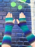 Ombre Knit Fingerless Gloves – Long Wool Arm Warmers – Blue Green Gradient Mitts – Winter Hand Warmers – Handmade Gift for Her