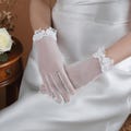 Ivory Lace Tulle Bridal Gloves – Sheer Short Wedding Gloves with Floral Trim, Elegant Vintage Style Accessories for Bride, Photos & Events