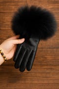 Luxury Women's Leather Gloves with Faux Fur Cuffs – Touchscreen Sheepskin Winter Gloves – Elegant Fleece-Lined Hand Warmers