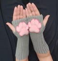 Pink Plush Cat Paw Pad Beans on Grey Finger-less Gloves for Cosplay Furry