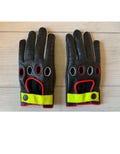 Men’s Fingerless Leather Driving Gloves | Black Retro Racing Style | Perforated Motorcycle Gloves | Neon Yellow Strap | Classic Car Gear