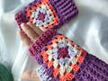 Granny Square Fingerless Gloves, Handmade Crochet Mittens, Colorful Boho Winter Hand Warmers , Retro Crochet Accessories, Gift for Her