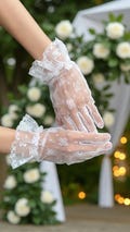Lace Trim Wedding Gloves White Floral Mesh Gloves Bridal Gloves Below Elbow Length Party Gloves
