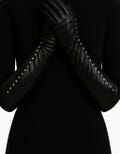 Women’s Long Black Leather Gloves – Genuine Leather Opera Gloves with Gold Studs for Winter, Formal & Evening Wear