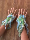 Sea Foam Ocean Mermaid Festival Ethereal wristlets. Forest Gloves. Woodland Wrist Warmers. OOAK Wearable Art. Blue green cuffs. Fairy outfit