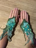 Reserved For Ella~ Ethereal Forest Festival felted wristlets. Forest Gloves. Woodland Wrist Warmers. OOAK Wearable Art. Blue green cuffs.