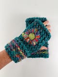 Hand Knit Embroidered Fingerless Mittens, Embroidered Fingerless Gloves, Texting Gloves, Hand Warmers, Sunflowers