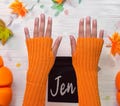 Orange Knitted Arm Warmers - Personalised Bag Cosy Fingerless Wrist Hand Gloves Trendy Girls Knit Soft Halloween Costume Custom Name Gift