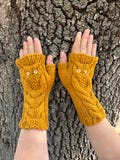 Mustard Yellow Owl Knit Fingerless Gloves – 100% Wool Arm Warmers – Cozy Autumn Accessories – Hand Knitted Cable Owl Mittens