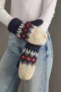 Cream, Blue, Red & Gray Patterned Mittens | Fleece Lined Mittens | Patterned Mittens | Women's Mittens | Winter Mittens | Knit Mittens