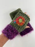 Hand Knit Embroidered Fingerless Mittens, Fingerless Gloves, Texting Gloves, Floral Mittens, Sunflowers, Hand Warmers