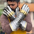 Regal Claw Medieval Knight Gauntlets – Handcrafted Silver & Gold Steel Armor Gloves with Articulated Fingers for LARP, Cosplay, Reenactment
