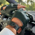 Men’s Fingerless Driving Gloves Green/Cognac Premium Italian certified Leather, Stylish Car Accessories – Gift for him – Handmade Custom Fit