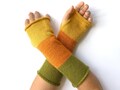 Striped Fingerless Wool Gloves: Yellow Green Orange Knit Arm Warmers