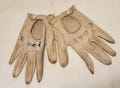 Vintage Driving Gloves 1960s Thin Beige Leather Wrist Driving Gloves Snaps Cutouts Mid Century 7 71/2 some dirt