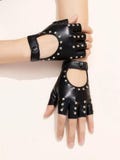 Unisex PU Leather Riveted Fingerless Biker Gloves – Punk Rock Motorcycle Riding Gloves with Rivets