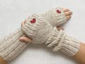 Handmade Wool Arm Warmers: Burgundy Heart Fingerless Gloves, Fall Style Woman