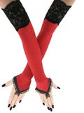 Red Black Trim Lace Fingerless Opera Gloves, Extra Long Evening Sleeves xs - 3xl