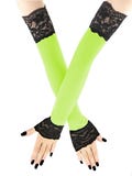 Neon Green Fingerless Gloves Lace Trim Extra Long Opera Length Wedding Rave Disco Dance Drag Evening Prom Party Costume XS - 3XL