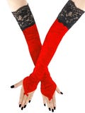 Red velvet womens gloves with black lace, long sleeves opera gloves over elbow fingerless womens gothic  arm warmers evening xs -3xl