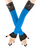 Blue Black Fingerless Gloves Lace Trim Quality Extra Long Opera Sleeves Length Drag Evening Prom Party Halloween Costume Women sx - 3xl