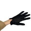 Vintage mid-century black leather crochet open knit short wrist length driving gloves 7