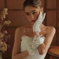 Ivory Satin Rose Bridal Gloves–Elegant Vintage Opera Length Wedding Gloves for Bride, Formal Evening Party Accessories,Engagement Photoshoot