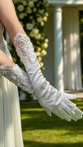 Long Satin Bridal Gloves - Elegant White Embroidered Lace Cuff Above Elbow Wedding Gloves