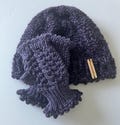 Purple homespun hat and  fingerless mitts, hand knit with homespun edge, and knitted with cable accent, will fit women and teens.
